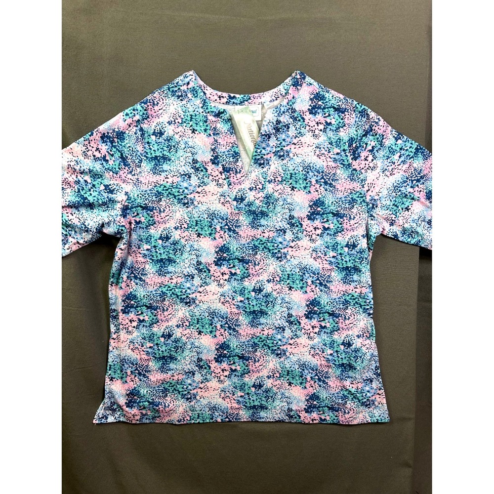 National Women XL Abstract Speckled Knit Top Blue Pink Split Neck Short Sleeve
